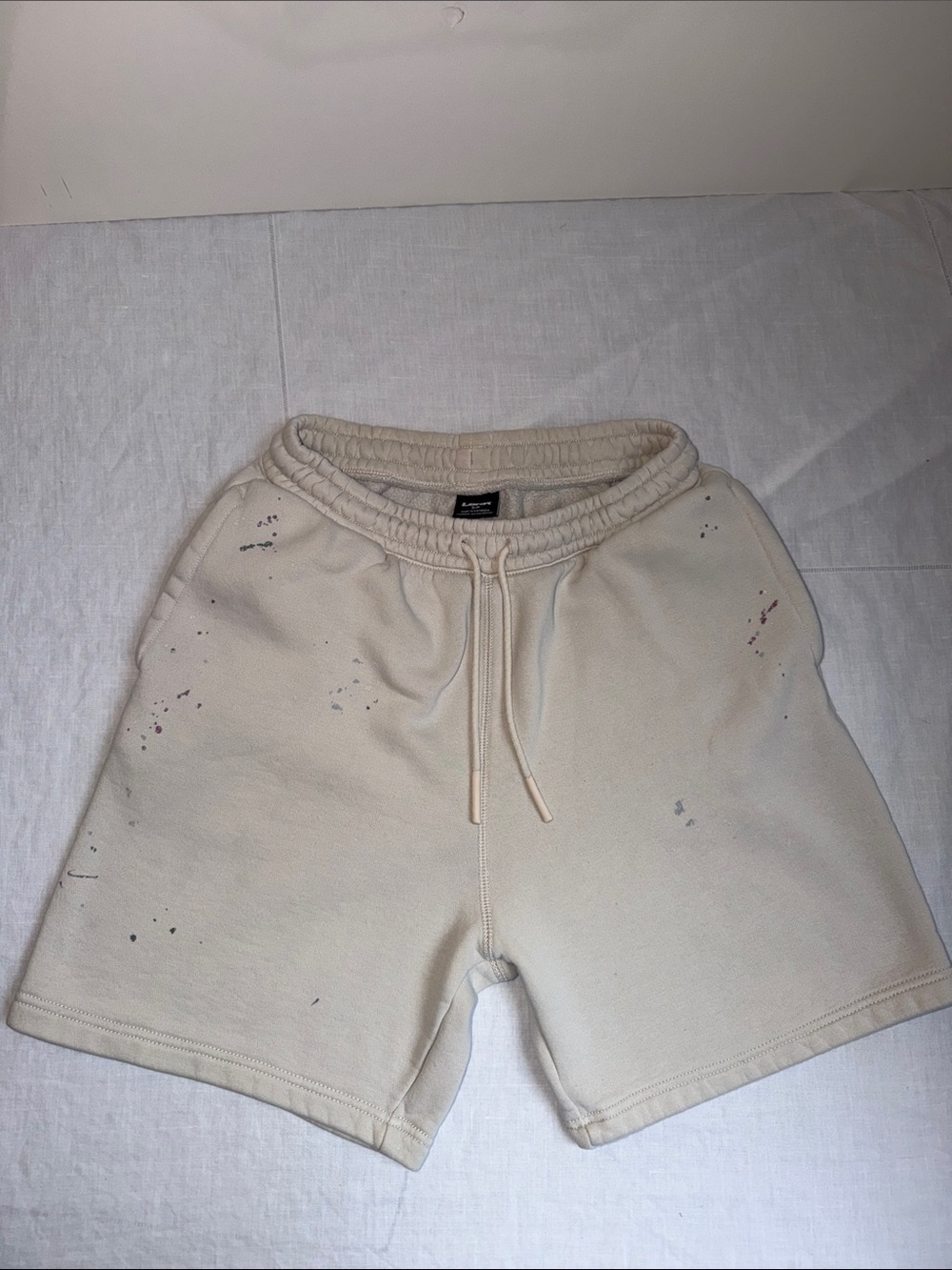 EUC LCKR Bradley Fleece Shorts Egret/Paint Splatter Drawstring Small